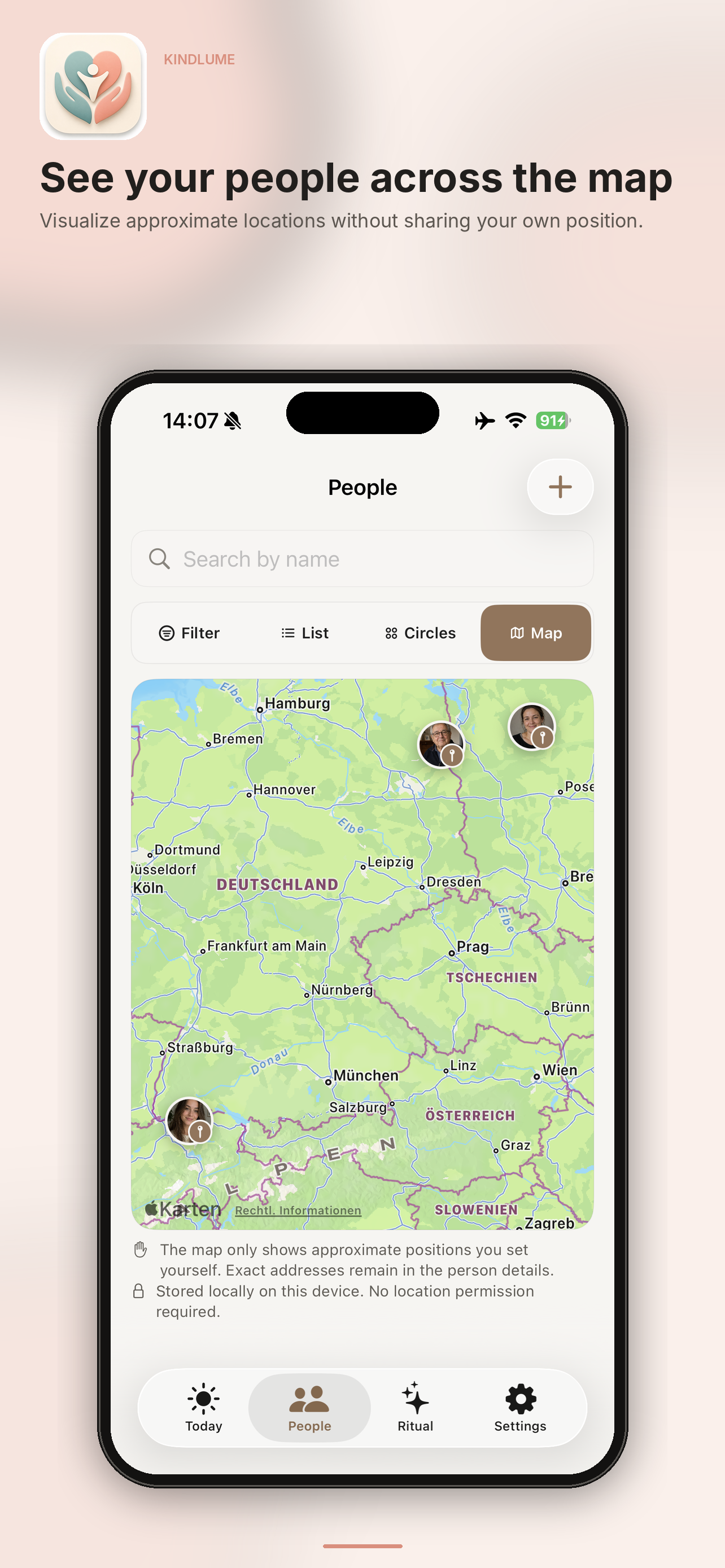 Kindlume people map with approximate locally stored positions.