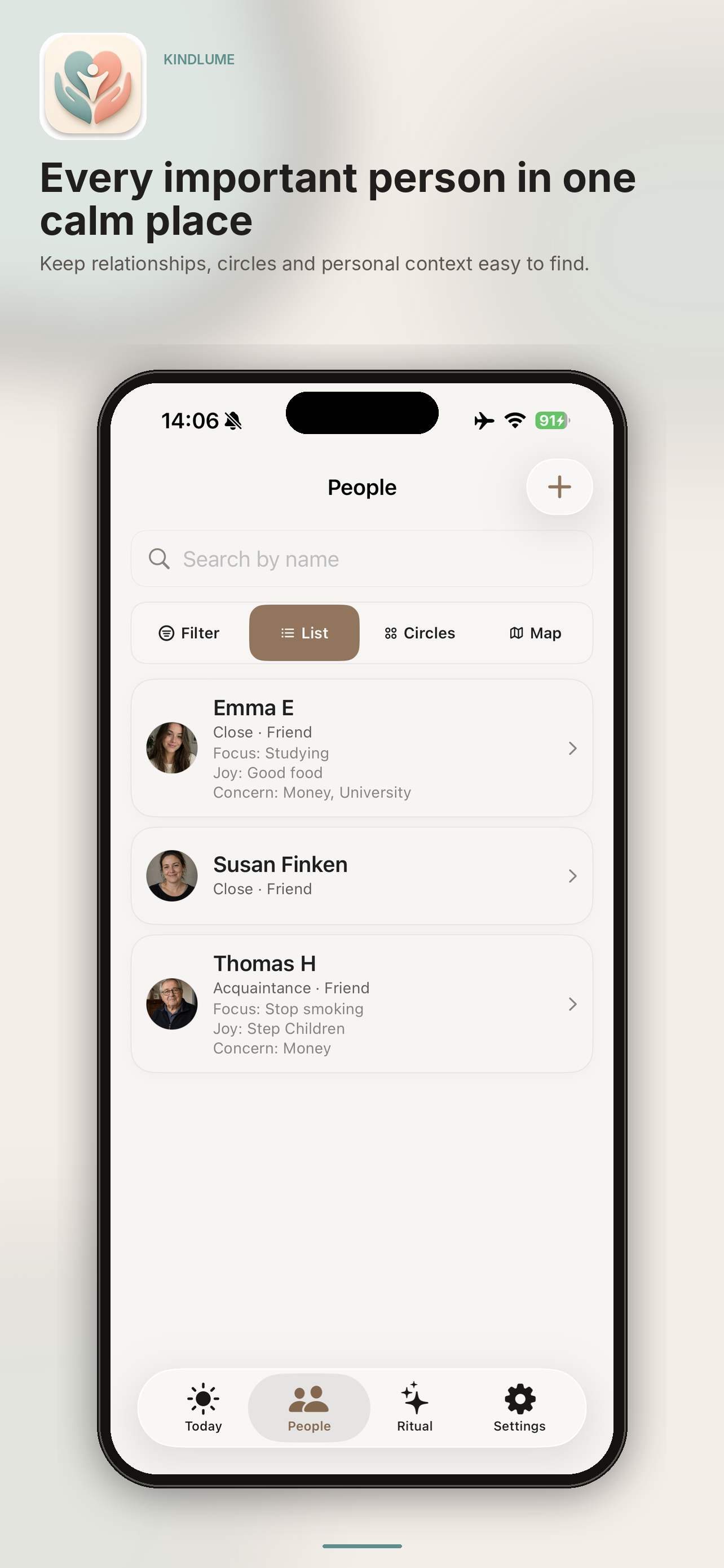 Kindlume people overview with search, filter, list, circles and map.