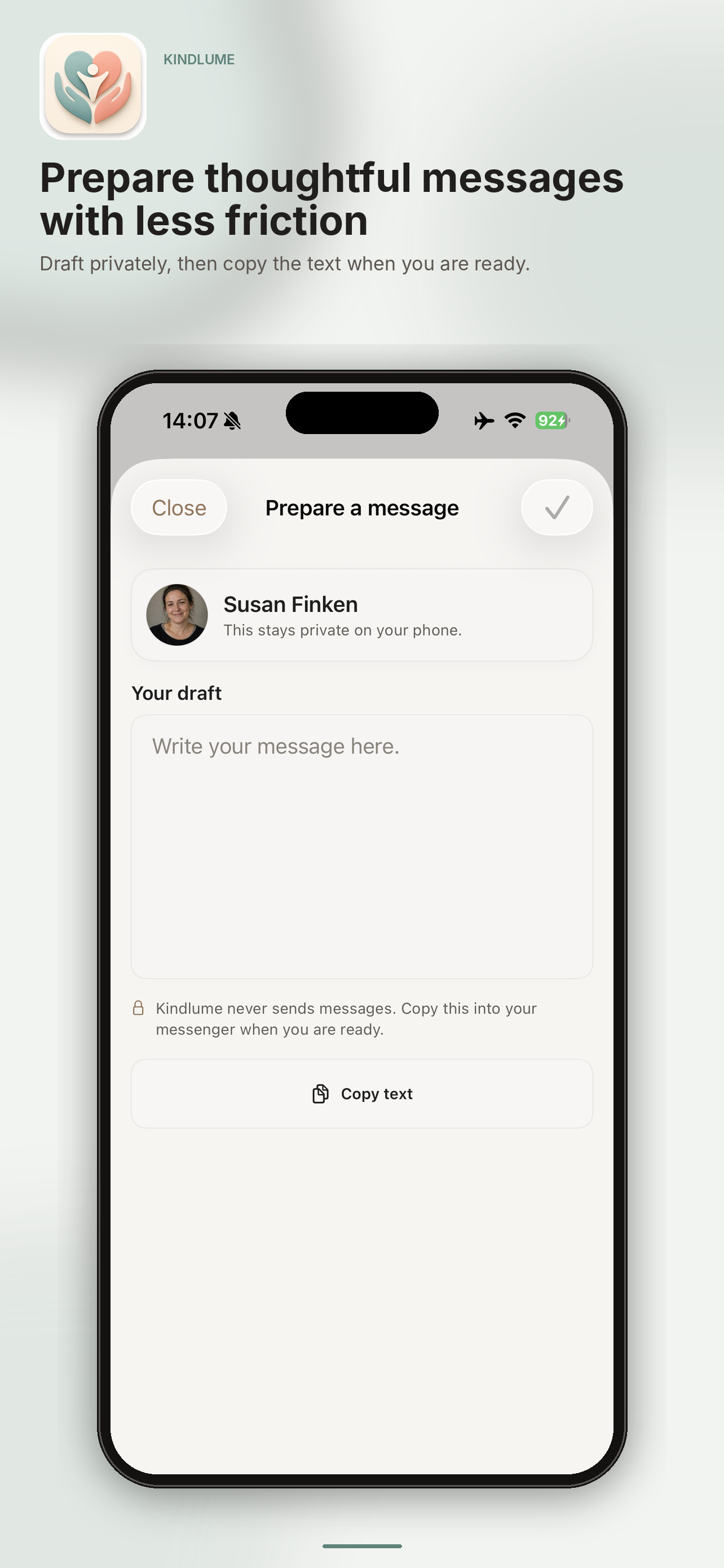 Kindlume screen for privately preparing a message.