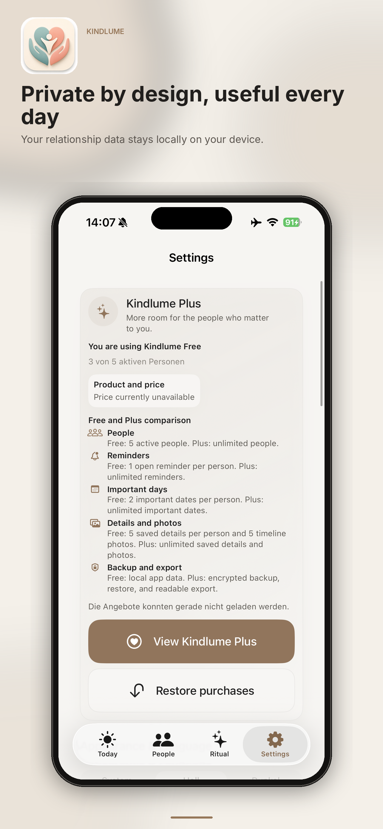 Kindlume settings with Plus, privacy and restore purchases.