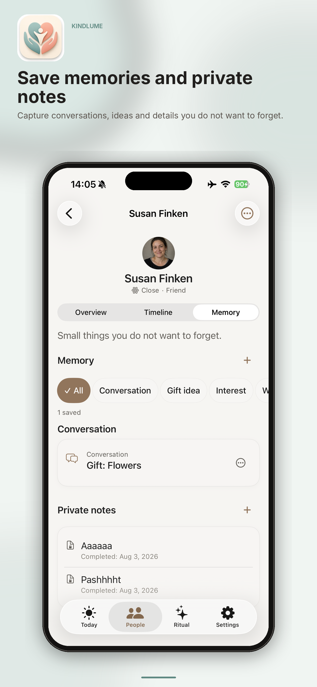 Kindlume memory view with saved details and private notes.