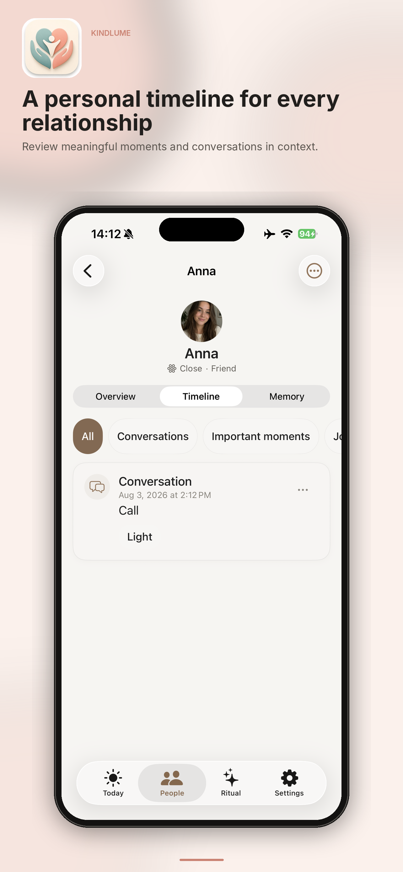 Kindlume timeline with chronological relationship history.