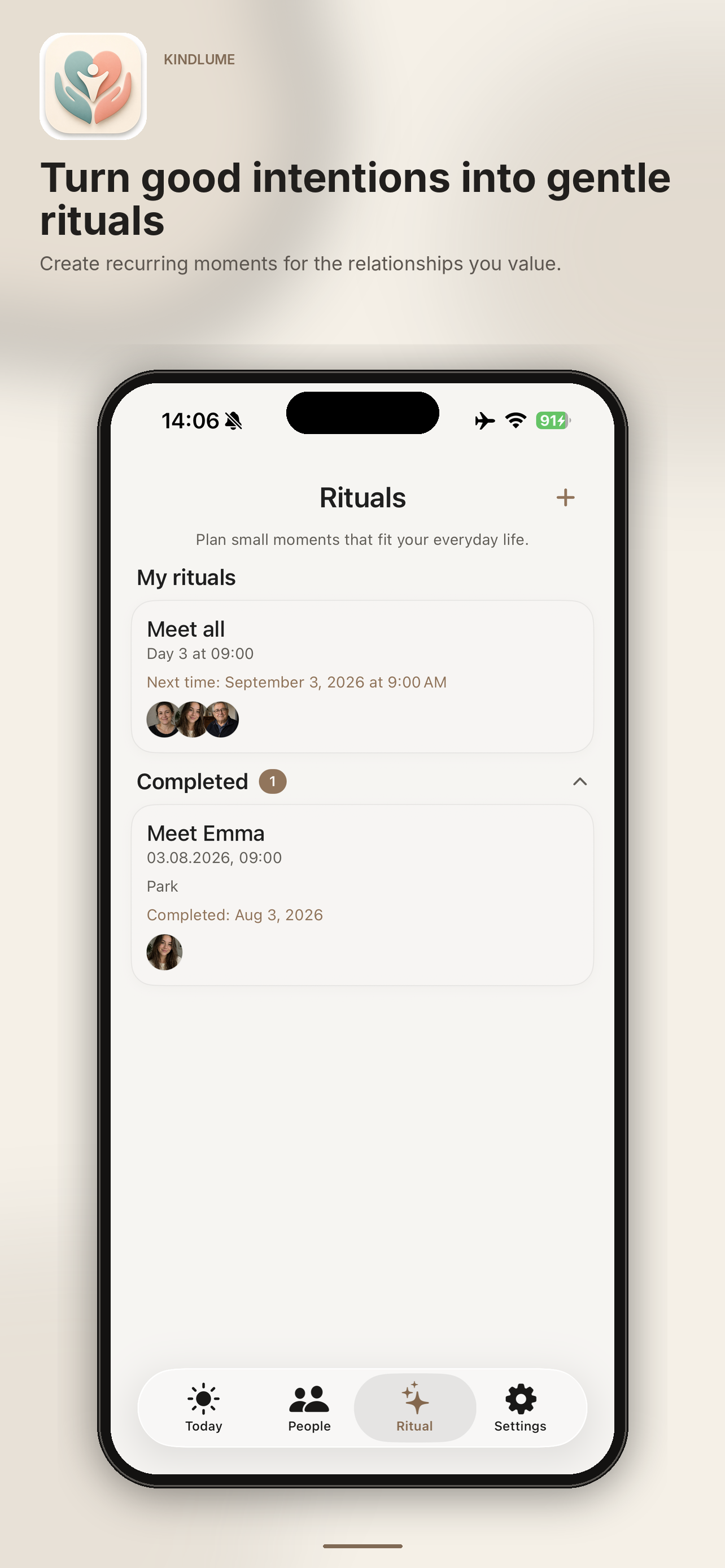 Kindlume rituals with next due time and completed occurrences.